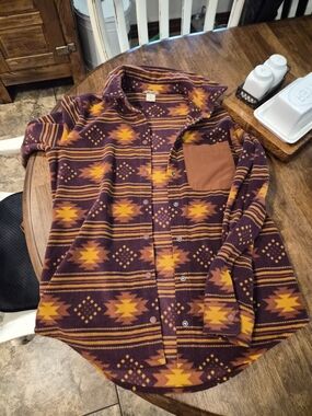 Duluth Trading Co Purple and Mustard Aztec Button-Down Shirt